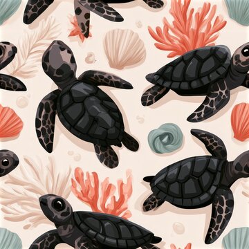 Sea turtle pattern with shells and marine plants, coastal wildlife theme, playful ocean inspired design. SEAMLESS PATTERN
