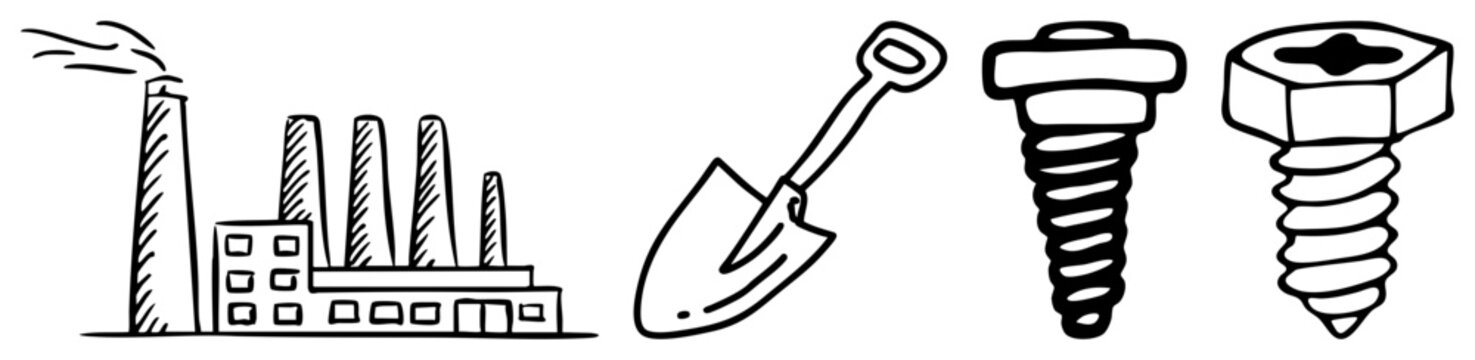 Collection of hand drawn factory plant silhouettes, a garden spade, and heavy duty wood screws. This set features industrial manufacturing site sketches and hardware fixer tools.