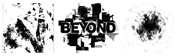Obraz premium Gritty urban collage featuring the word BEYOND amidst textured noise and fragmented shapes. This distressed glitch art uses high contrast stencil elements and messy ink splatter.