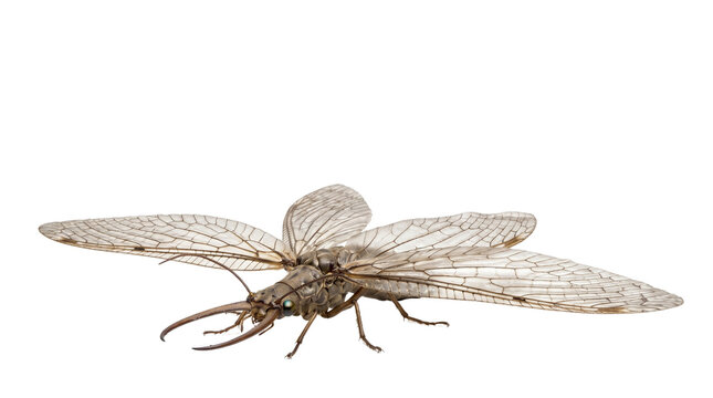 Dobsonfly insect with large mandibles and translucent wings, male Corydalus cornutus specimen, macro photography of a flying aquatic insect isolated PNG with Transparent Background
