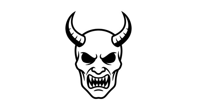 A black and white illustration of a demon skull with horns and sharp teeth.