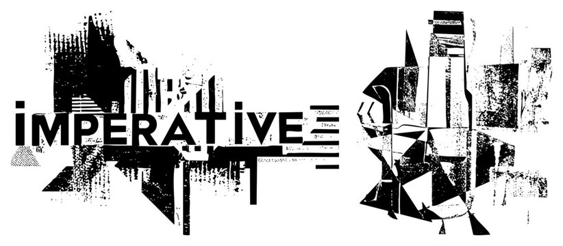 High contrast typographic art featuring the word Imperative amidst urban glitch elements. This street style stencil combines jagged and distressed ink textures for a raw aesthetic.