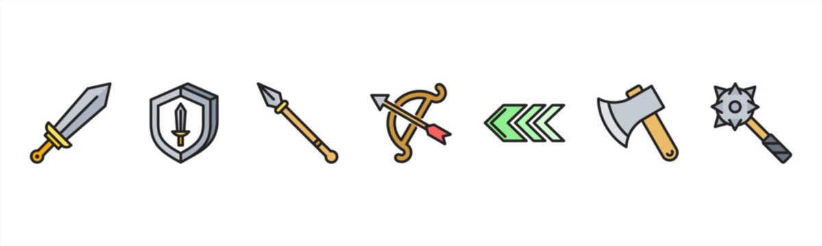 Medieval Weapons set with Sword, Shield, Spear, Bow, Arrow, Axe, and Mace for history and combat visuals.