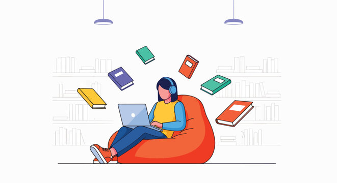 A woman sits on an orange bean bag chair, using a laptop with books floating around her in a colorful, minimalist room with a relaxed and studious mood.