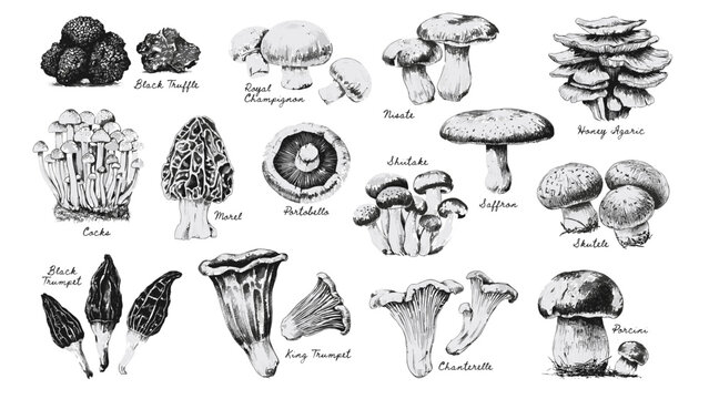 Vintage hand drawn edible mushroom vector sketch collection set with morel chanterelle porcini shiitake truffles and portobello isolated on white background