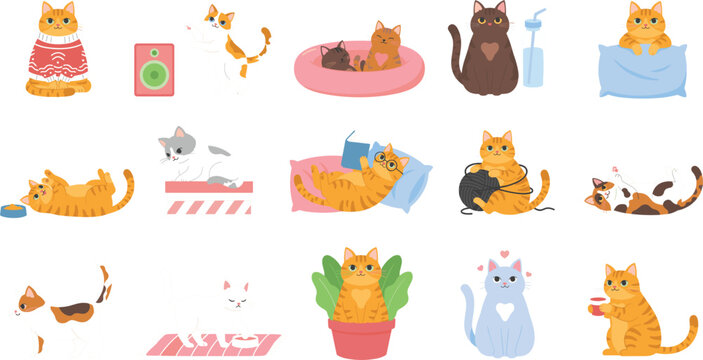 Cute funny cartoon cat character set vector illustration bundle featuring playful kittens in various everyday activities poses sleeping playing and resting