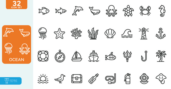 Ocean Vector illustration editable line icons set. Containing sea, ocean, marine, underwater animal, beach, fish, and more. on white background.