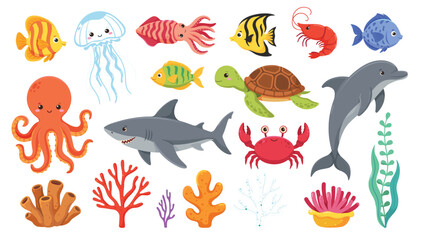 Cute cartoon sea animals vector set illustration bundle with underwater marine life shark dolphin octopus turtle jellyfish crab fish and coral reef elements © MstReba
