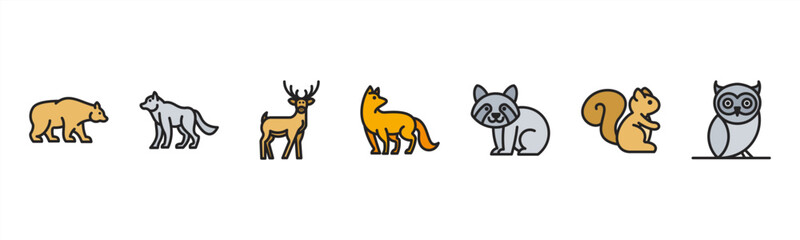 Fototapeta premium Forest Animals set with Bear, Wolf, Deer, Fox, Raccoon, Squirrel, and Owl for wildlife and nature visuals.