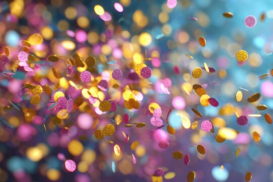 Vibrant pink and gold glitter confetti swirling in midair against a soft blue and purple background creating a festive celebration atmosphere