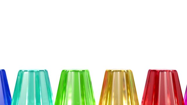 A 3d animation of camera tracks to the right along an aligned row of colorful, translucent gelatin molds, highlighting their wet textures and fluted structures.