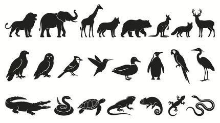Obraz premium Silhouette Collection of Diverse Wildlife Animals, Including Mammals, Birds, and Reptiles