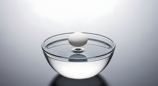 White ping pong ball bouncing on water surface in a clear glass bowl, dynamic motion, physics experiment, light reflection, minimalist composition, scientific concept, educational imagery