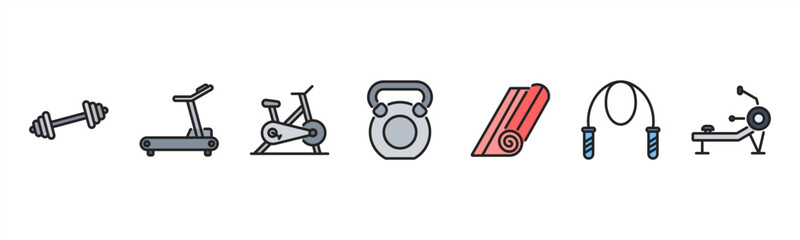 Fitness Equipment set featuring Dumbbell, Treadmill, Exercise Bike, Kettlebell, Yoga Mat, Jump Rope, Rowing Machine for gym and workout visuals. © Dewi Sari