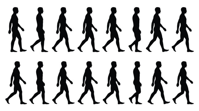 Detailed vector illustration of a man walking in a sequence of black silhouette motion frames