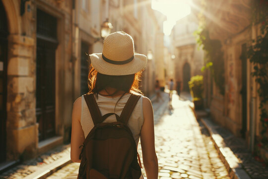 woman tourist on the street, summer holidays, travel to Europe for vacation