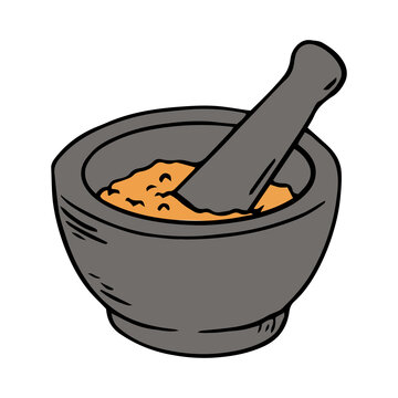 Traditional stone mortar and pestle grinder illustration with crushed spice powder