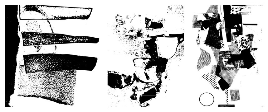Edgy experimental composition featuring a mixed collage. This gritty scrap art utilizes distressed blotches, textured fragments, and ink blot shapes to create a chaotic visual rhythm.