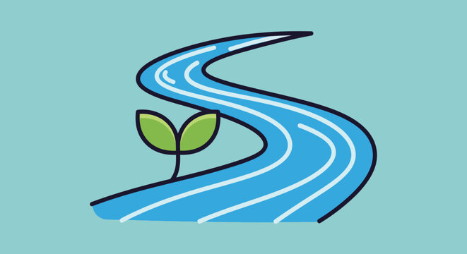 A flowing river next to a sprouting plant, symbolizing growth.