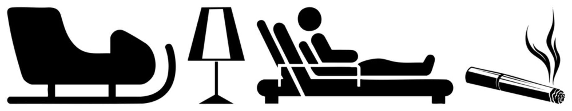 Set of black lounge featuring a comfy, a floor lamp, a person on a chaise longue, and a lit smoke stick. This relaxing setup shows a person in a chillout spot.