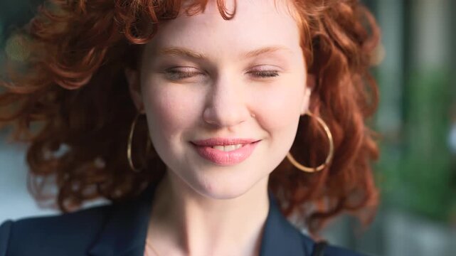 Face, business and woman in city, investor or pride for career ambition, travel and investment banker. Professional, financial advisor and happy person in urban town, accounting and red head