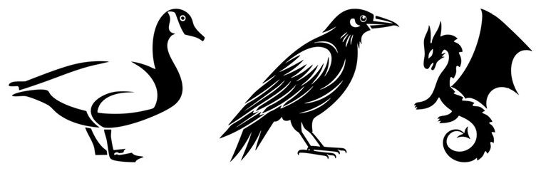 Obraz premium Collection featuring a graceful goose, a watchful crow, and a mythical dragon. These avian silhouettes and a wyrm are rendered in a clean, bold graphic style for versatile design use.