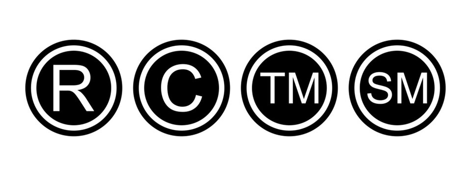 Collection of register, copyright, trademark and service mark signs isolated on white background. Commercial rights symbols. Brand registration marks. Vector graphic illustration.
