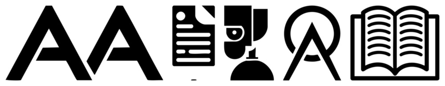 Bold typographic marks featuring letterforms, a scribes scroll, a face profile, a circular emblem, and an open book. These black glyphs and ink symbols offer a clean, high contrast aesthetic for mode