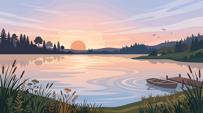 Peaceful Lake at Sunset sunset vector
