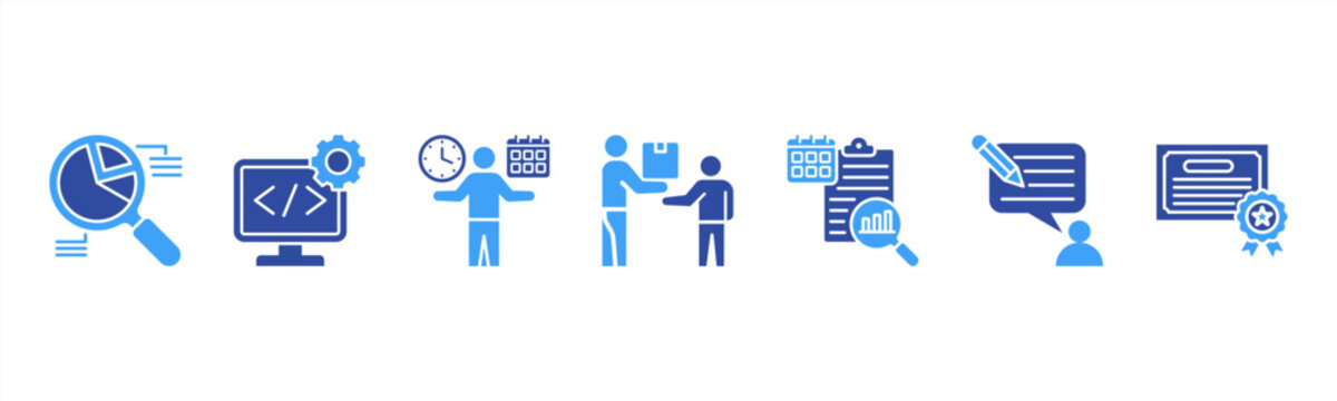 Training Management icon set includes Needs Analysis, Program Design, Scheduling, Delivery, Evaluation, Feedback, and Certification for effective training programs.