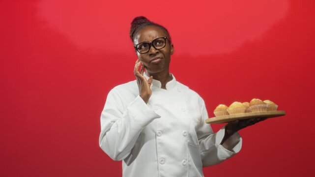 Young woman cook in white uniform holds a tray of muffins and touches cheek with a judging expression in studio; doubt.