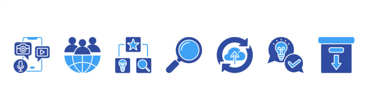 Knowledge Base Management icon set includes Content Creation, Organization, Categorization, Search, Update, Feedback, and Archiving for centralized knowledge management.