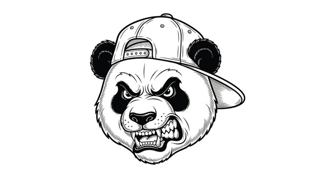 Angry panda wearing a baseball cap.