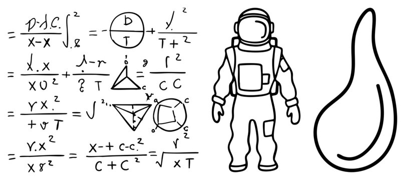 Whimsical collection featuring a space traveler, cosmic walker, and complex calculus equations alongside a simple fluid shape. These sketchy doodles include geometric structures and scientific notat