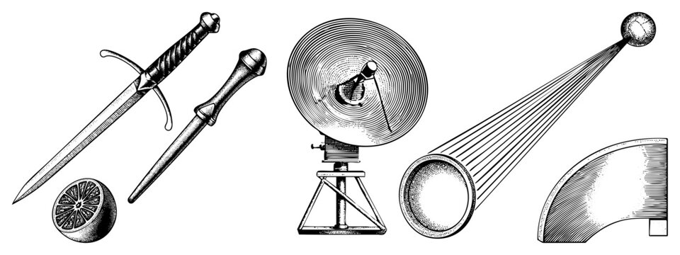 Detailed collection featuring a sharp blade, a curious looking gazing glass, and a large horn. This set of curiosities includes a classic rapier and an old fashioned sounding horn.