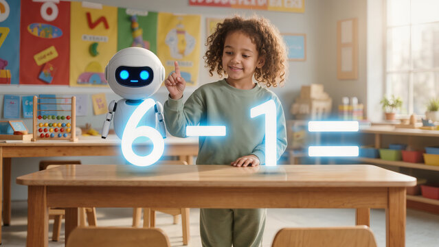 Girl solving subtraction with robot math tutor in classroom. Interactive numeracy lesson. Smart educational assistant