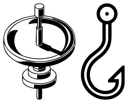 Stylized isometric fishing reel and a single sharp hook, also known as a tackle or bendy barb. This gear set features bold black and white for a clean graphic look.