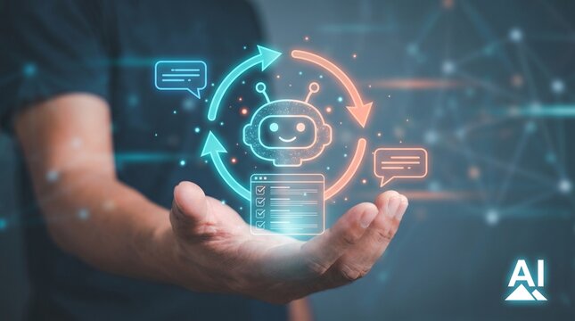 Hand interacting with a futuristic holographic AI chatbot interface featuring communication icons, automated task cycles, and neon digital graphics on a dark background.