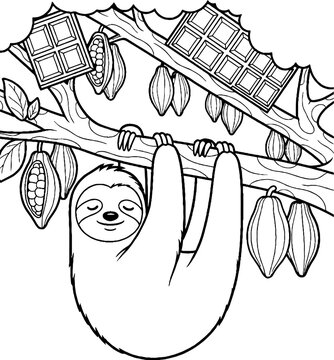 Cute Smiling Sloth Hanging Tree Branch Illustration.