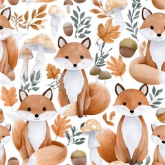 Naklejka premium Cute fox pattern with mushrooms and autumn leaves, woodland theme, playful nursery illustration, charming animal design. SEAMLESS PATTERN