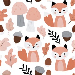 Naklejka premium Cute fox pattern with mushrooms and autumn leaves, woodland theme, playful nursery illustration, charming animal design. SEAMLESS PATTERN