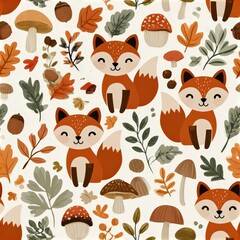 Naklejka premium Cute fox pattern with mushrooms and autumn leaves, woodland theme, playful nursery illustration, charming animal design. SEAMLESS PATTERN