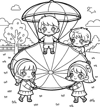 Children Playing Together on Parachute Playground Toy Outline.