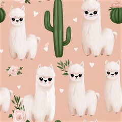 Naklejka premium Cute llama pattern with cacti and pastel accents, playful desert theme, nursery illustration, child friendly design. SEAMLESS PATTERN