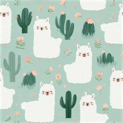 Obraz premium Cute llama pattern with cacti and pastel accents, playful desert theme, nursery illustration, child friendly design. SEAMLESS PATTERN