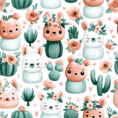 Naklejka premium Cute llama and cactus pattern in soft pastel tones, playful nursery theme, whimsical animal illustration. SEAMLESS PATTERN