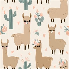 Naklejka premium Cute llama and cactus pattern in soft pastel tones, playful nursery theme, whimsical animal illustration. SEAMLESS PATTERN