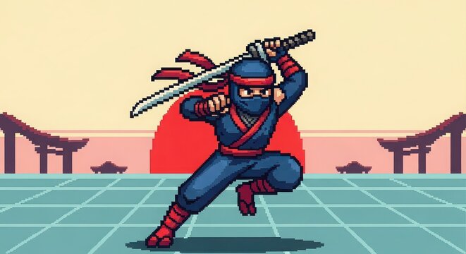 Pixelartninjaactionposewithkatanawearingblueoutfitredheadbandandscarf.