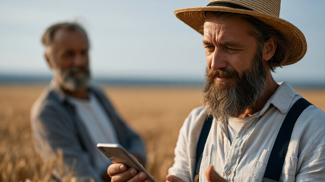 Agricultural extension agent gesturing at a cracked phone screen showing an AI chatbot field recommendation to a skeptical older wheat grower standing at the edge of his field,