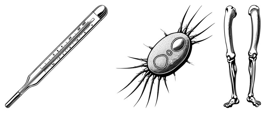 This anatomical collection features a classic mercury thermometer, a microorganism or germ, and a pair of human shin bones in a detailed woodcut style.
